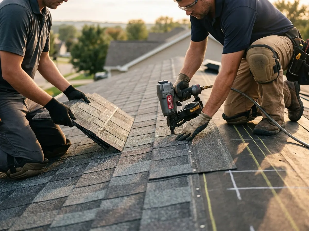 Professional roofer working on a residential roof in Pauls Valley